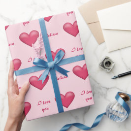 Roze harten en aangepaste 'Ik hou van jou'-tekst m Cadeaupapier