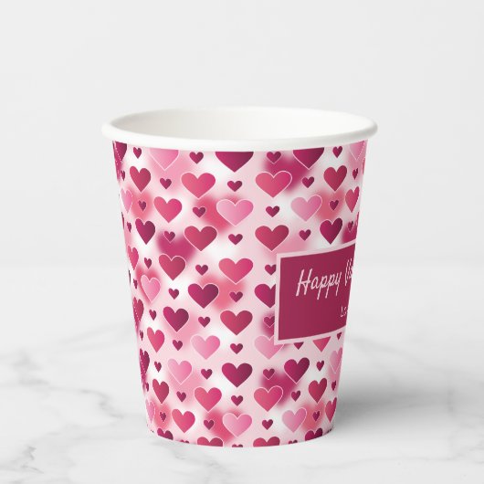 Roze harten en aangepaste tekst - thema Valentijns Papieren Bekers (Voorkant)