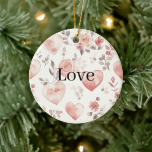 Roze harten en bloemen liefde keramisch ornament