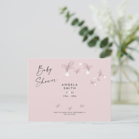 Roze harten en Butterflies Baby shower Uitnodiging (Staand voorkant)