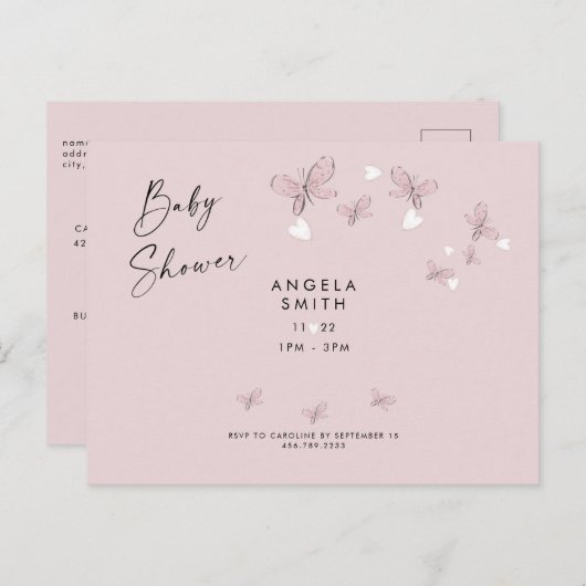 Roze harten en Butterflies Baby shower Uitnodiging (Voorkant / Achterkant)