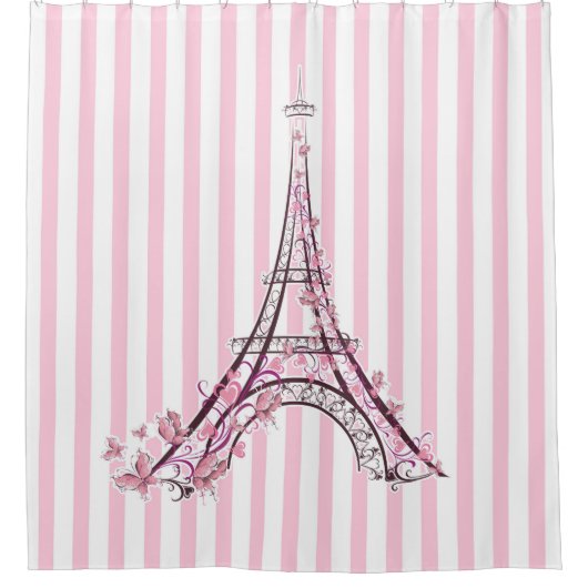 Roze harten en Butterflies Paris Eiffel Tower Douchegordijn (Voorkant)