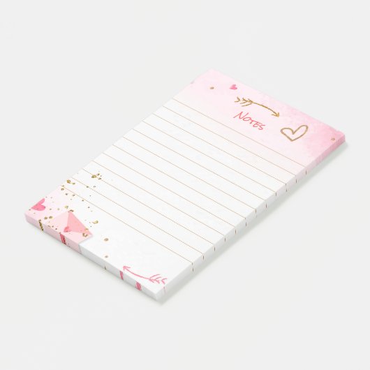 Roze harten en gouden glitter post-it® notes (Schuin)