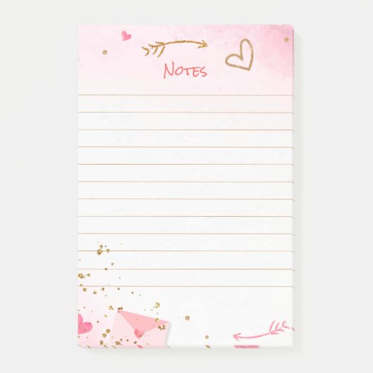 Roze harten en gouden glitter post-it® notes (Voorkant)