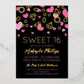 Roze harten en gouden Pareltjes Sweet 16 Folie Uitnodiging (Voorkant)