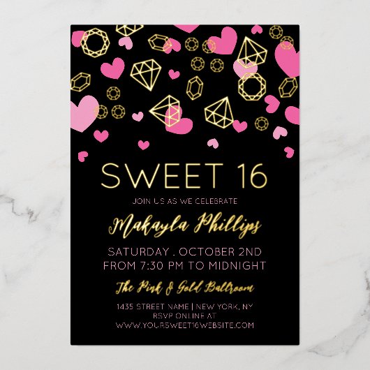 Roze harten en gouden Pareltjes Sweet 16 Folie Uitnodiging (Voorkant)