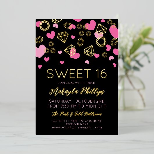 Roze harten en gouden Pareltjes Sweet 16 Folie Uitnodiging (Staand Voorkant)