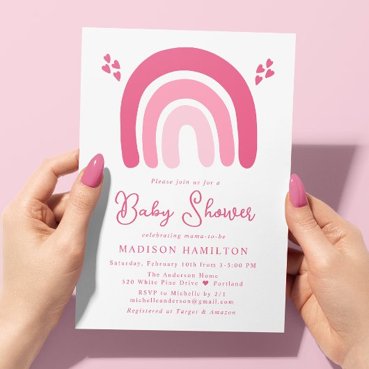Roze Harten en Regenbogen Baby Shower Kaart