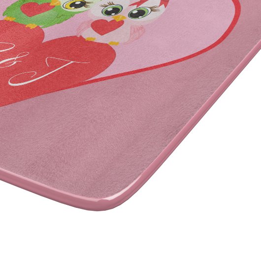 Roze Harten en Uilen Monogram Initialen Snijplank (Hoek)