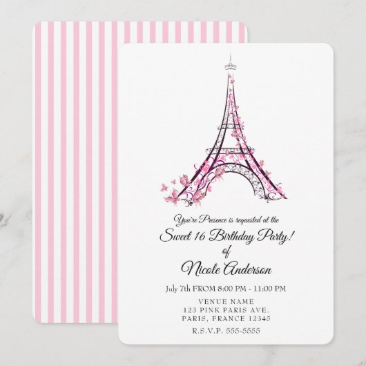 Roze harten en vlinders Eiffeltoren-feest Parijs Kaart (Voorkant / Achterkant)