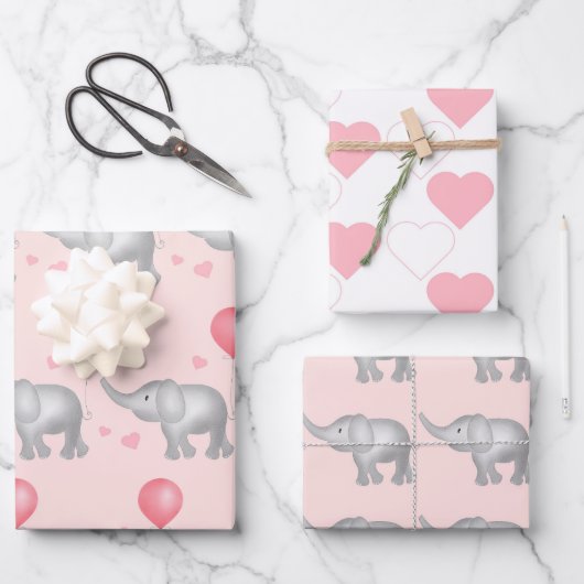 Roze harten en Waterverf Elephant Gift Inpakpapier Vel (Voorkant)