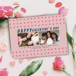 Roze Harten Galentine`s Dag Vrienden 2 Foto Feestdagenkaart