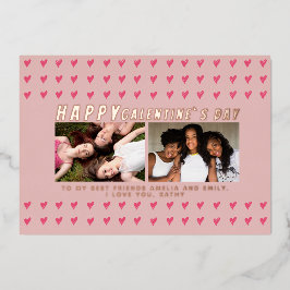 Roze Harten Galentine`s Dag Vrienden 2 Foto Folie Feestdagenkaart