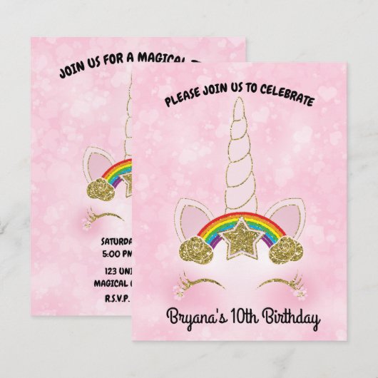 Roze harten Gold Rainbow Star Unicorn Horn Face Kaart (Voorkant / Achterkant)