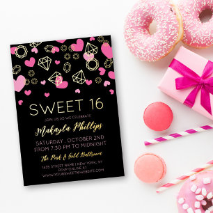 Roze Harten & Gouden Edelstenen Sweet 16 Folie Uitnodiging