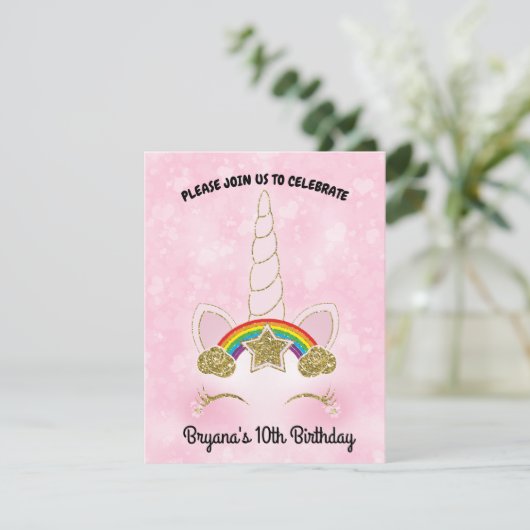 Roze Harten Gouden Regenboog Ster Eenhoorn Hoorn G Kaart (Staand voorkant)