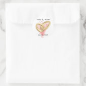 Roze Harten & Gouden Ringen Trouwstickers Ronde Sticker (Tas)