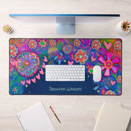 Roze harten grillige bloemen gepersonaliseerd blau bureaumat