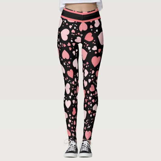 Roze Harten Groot & Klein op Zwart Leggings (Voorkant)