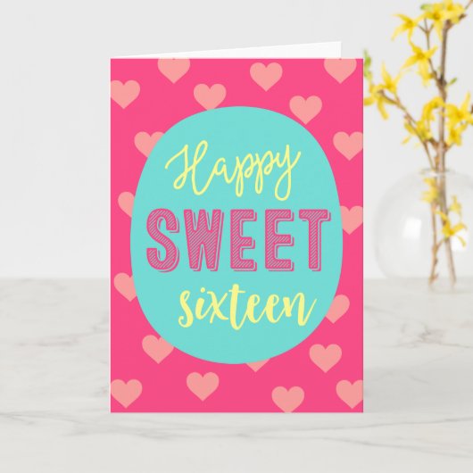 Roze harten Happy Sweet Sixteen Kaart (Gele Bloem)