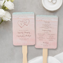 Roze harten in het zand strand bruiloft programma handwaaier