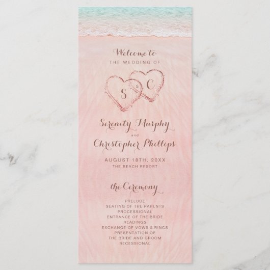Roze harten in het zand strand bruiloft programma programmakaart (Voorkant)
