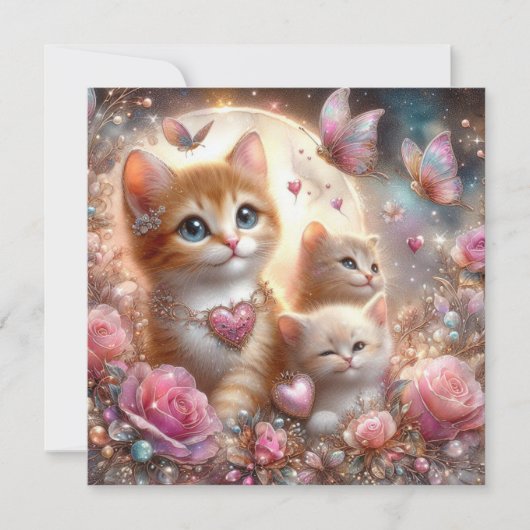 Roze Harten Kittens Vlinders Valentijn Feestdagenkaart (Voorkant)