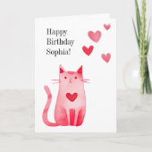 Roze Harten Kitty Kat Verjaardag Kaart (Voorkant)