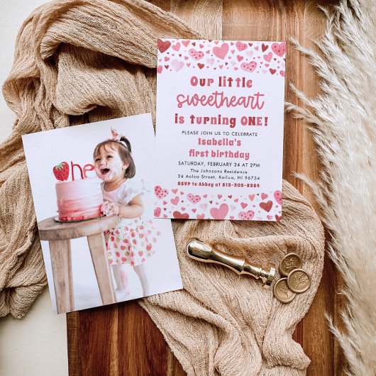 Roze Harten Kleine Liefje Foto Eerste Verjaardag Kaart