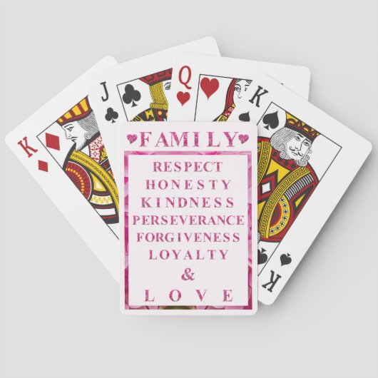 Roze Harten & Lettering, Familie Waarden Game Nigh Pokerkaarten (Achterkant)