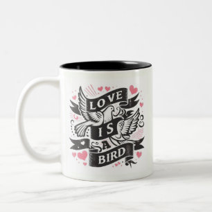 Roze harten liefde is een vogel - duiven tweekleurige koffiemok