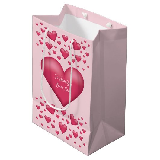 Roze harten met aangepaste tekst medium cadeauzakje (Voorkant Gekanteld)
