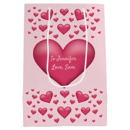 Roze harten met aangepaste tekst medium cadeauzakje (Achterkant)