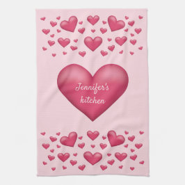 Roze harten met personaliseerbare tekst theedoek