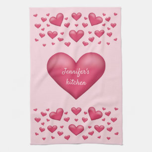 Roze harten met personaliseerbare tekst theedoek