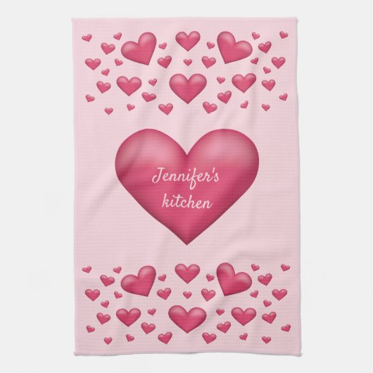 Roze harten met personaliseerbare tekst theedoek (Verticaal)