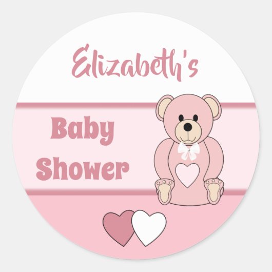 Roze harten met teddybeer en naam ronde sticker (Voorkant)