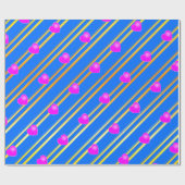 Roze harten op blauwe achtergrond Gold Stripes Cadeaupapier (Vlak)