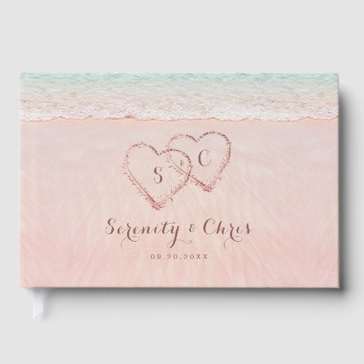 Roze harten op de zandstrandbruiloft gastenboek (Voorkant)