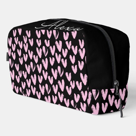 Roze harten op zwart met aangepaste naam toilettasje (Rechterhoek)