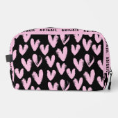 Roze harten op zwart met aangepaste naam toilettasje (Voorkant)
