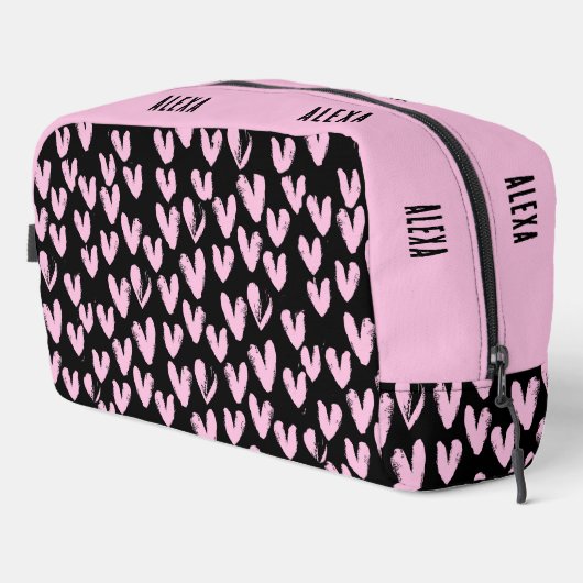 Roze harten op zwart met aangepaste naam toilettasje (Rechterhoek)