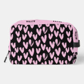 Roze harten op zwart met aangepaste naam toilettasje (Achterkant)