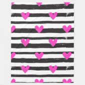 Roze harten op zwarte en witte strepen fleece deken (Voorkant)