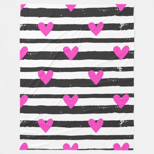 Roze harten op zwarte en witte strepen fleece deken (Voorkant)