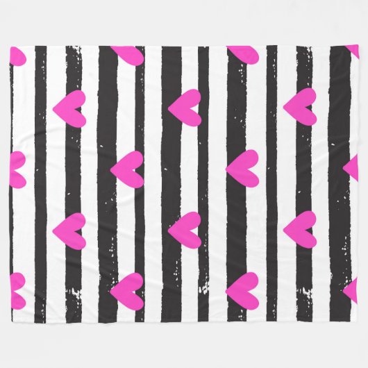 Roze harten op zwarte en witte strepen fleece deken (Voorkant (Horizontaal))