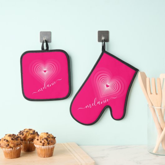 Roze Harten Ovenwant en Pothouder Set Aangepaste N (Insitu(Ophanging))