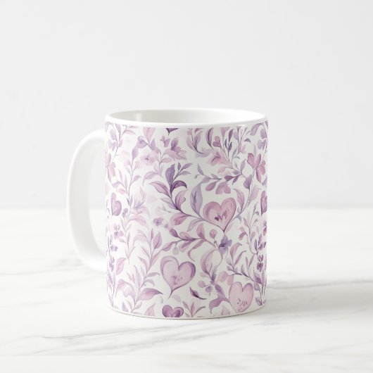 Roze harten paarse bladeren koffiemok (Voorkant links)