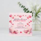 Roze harten Popcorn Galentine's Girls Night Party Kaart (Staand voorkant)