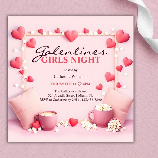 Roze harten Popcorn Galentine's Girls Night Party Kaart